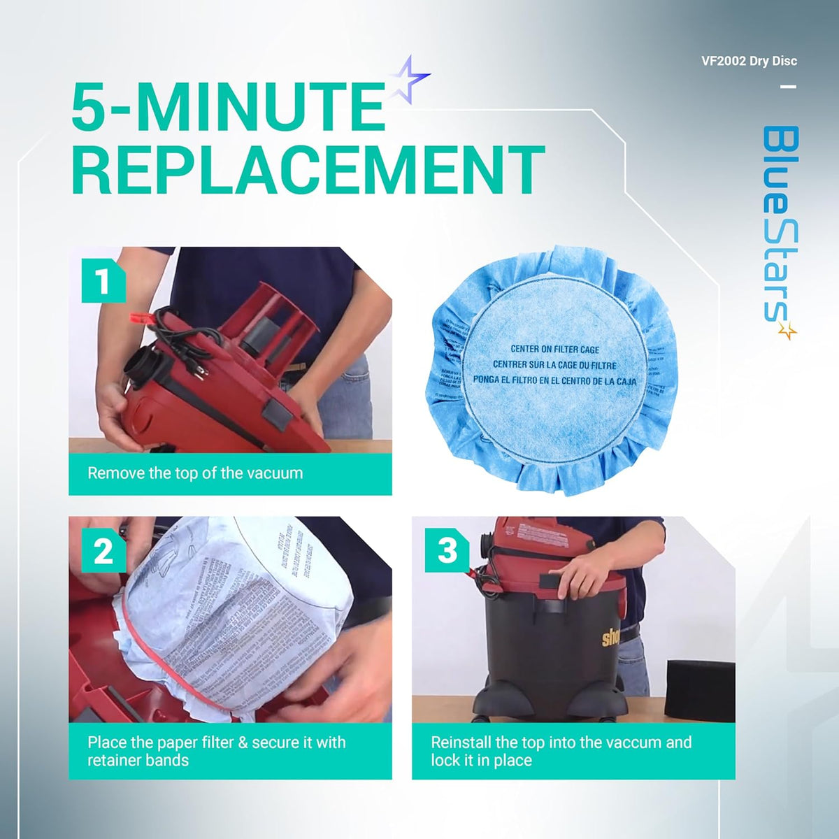 Instructional graphic showing 3-step installation process for VF2002 wet dry vacuum disc filters.