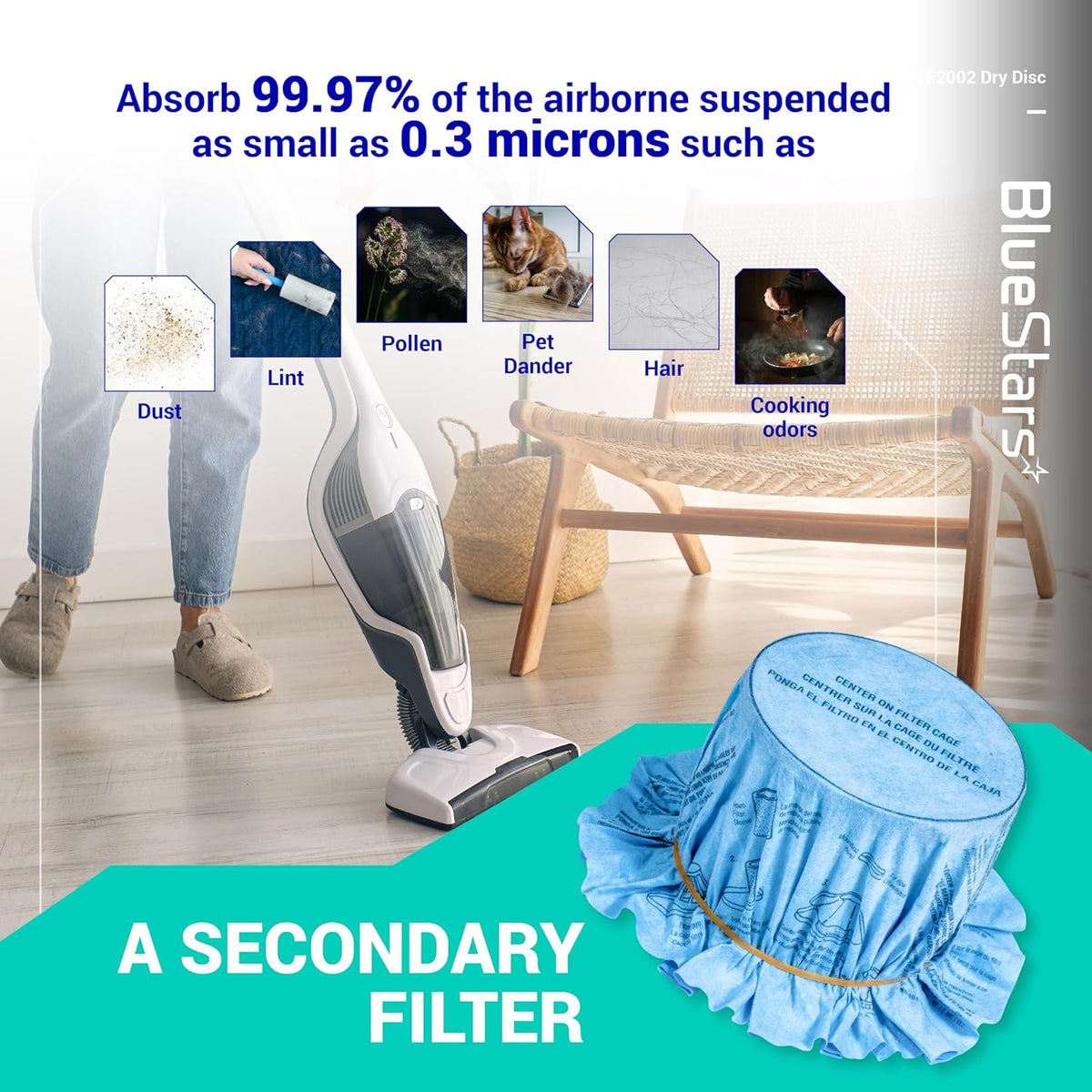 BlueStars VF2002 secondary vacuum filter disc showing filtration of dust, pollen, pet dander, and hair.