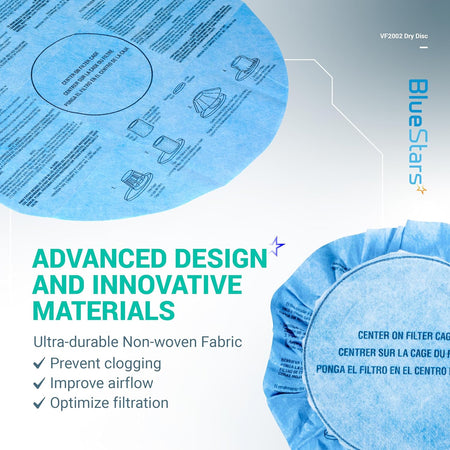VF2002 wet dry disc vacuum filter showing installation instructions and non-woven fabric material details.