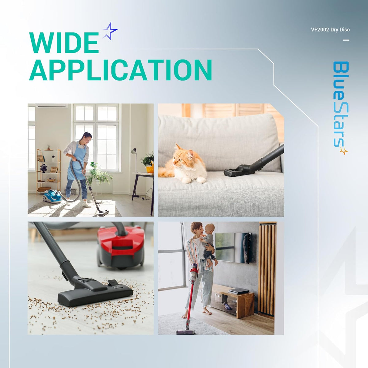 Collage showing various home cleaning applications for VF2002 wet dry vacuum filters.