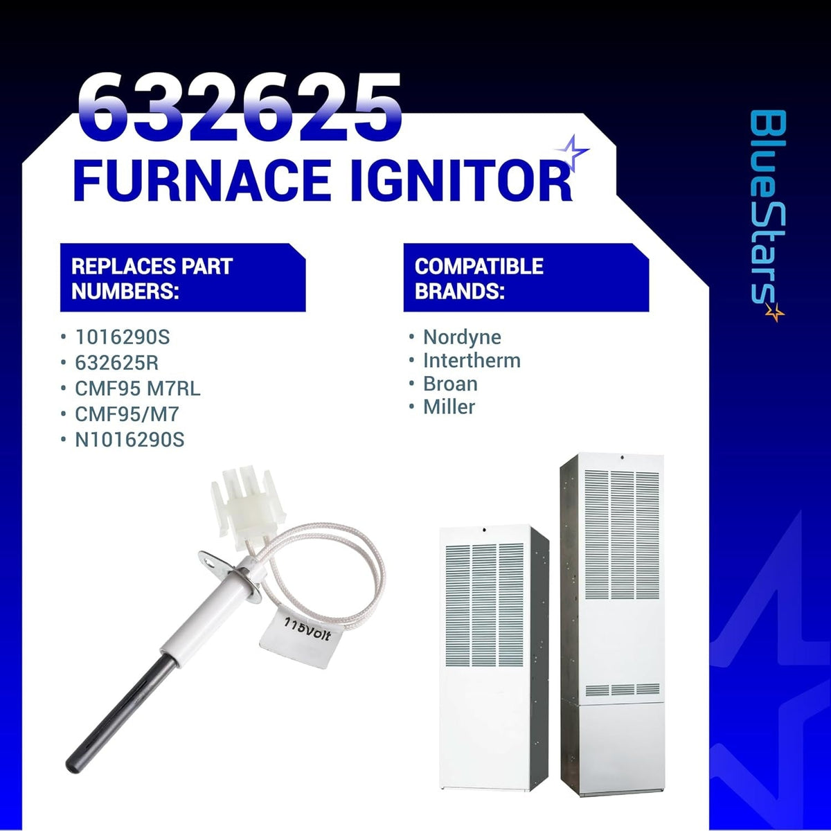 632625 furnace ignitor replacement part with wiring harness and compatibility information graphic.