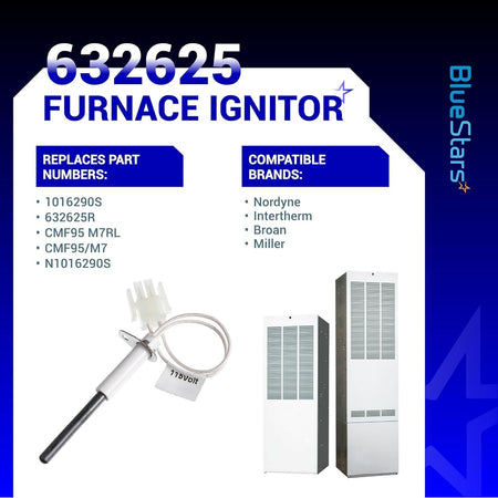 632625 furnace ignitor replacement part with wiring harness and compatibility information graphic.