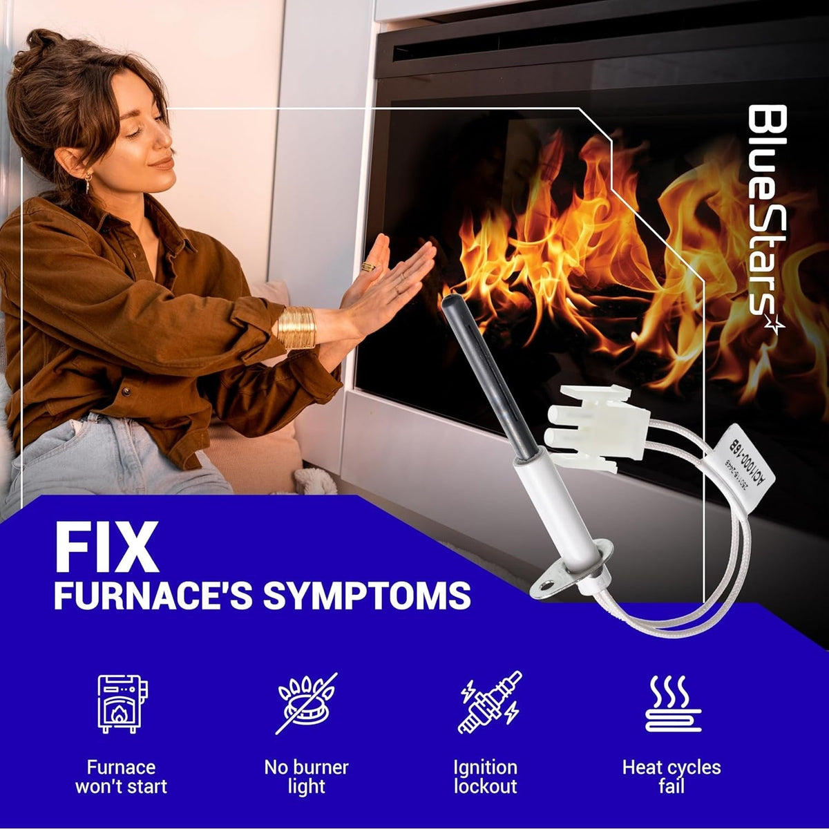 632625 furnace ignitor replacement part shown with icons for common heating system repair symptoms.