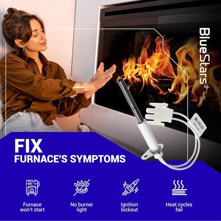 632625 furnace ignitor replacement part shown with icons for common heating system repair symptoms.