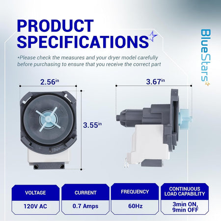 DD81-02635A dishwasher drain pump technical specification diagram with dimensions and electrical ratings.