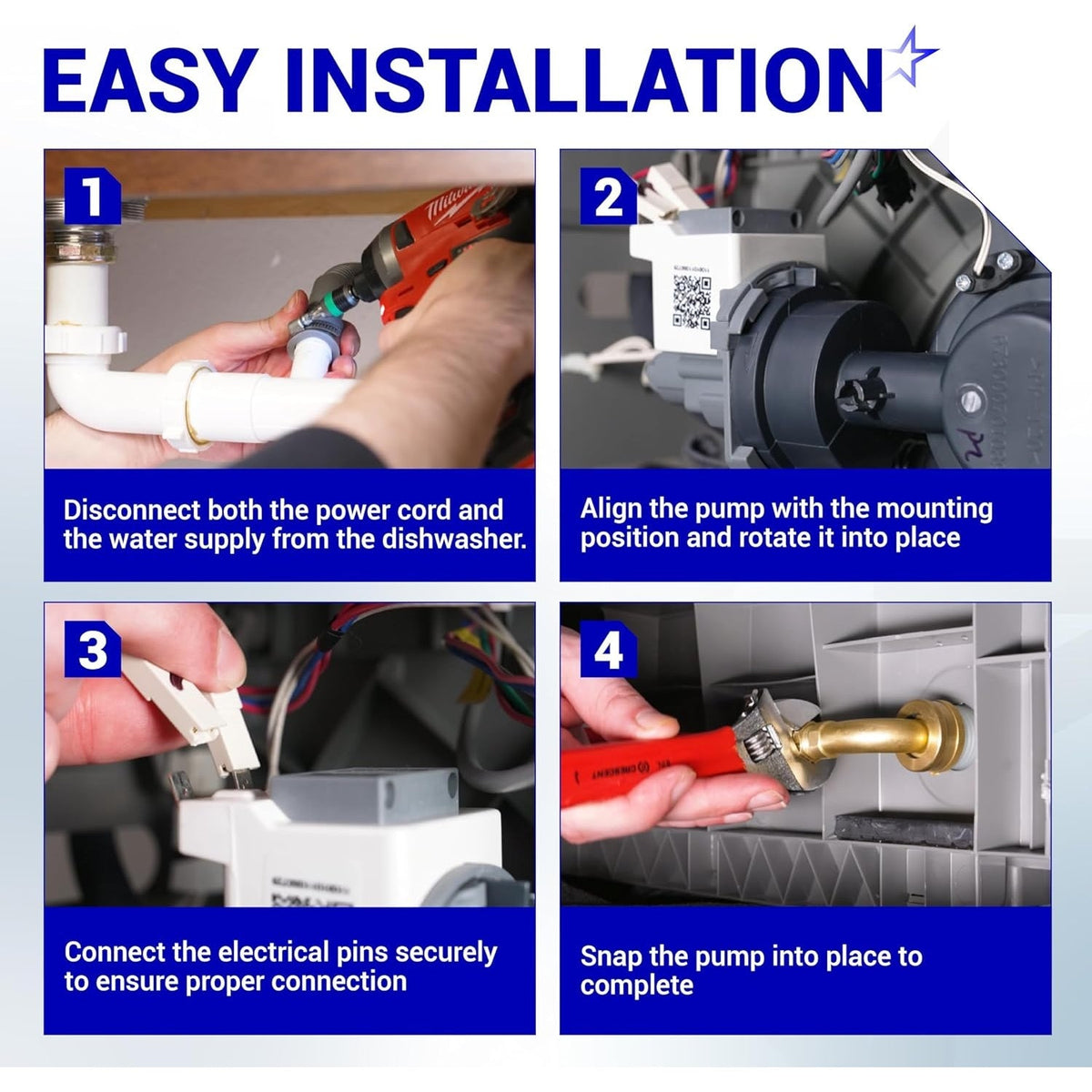 Four-step installation guide for Samsung dishwasher drain pump DD81-02635A showing connection and mounting process.