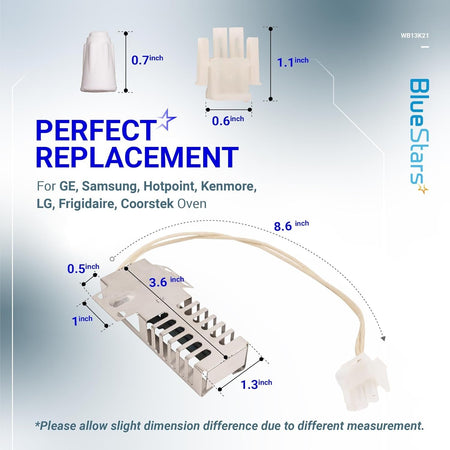 WB13K21 gas range oven igniter replacement with detailed dimensions and included wire connector components.