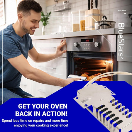 WB13K21 gas range oven igniter replacement part shown with a man using a functional oven in a kitchen setting.