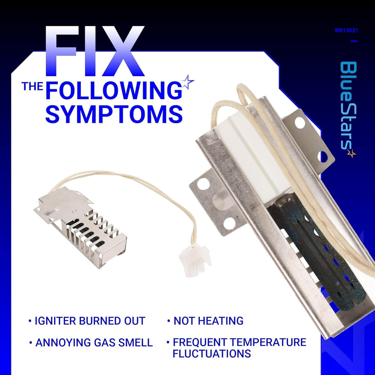 WB13K21 gas range oven igniter replacement part with wiring and mounting bracket shown in an informational graphic.