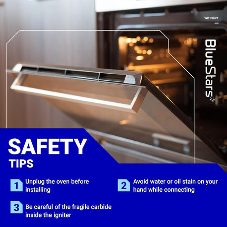Safety tips infographic for WB13K21 gas range oven igniter installation.