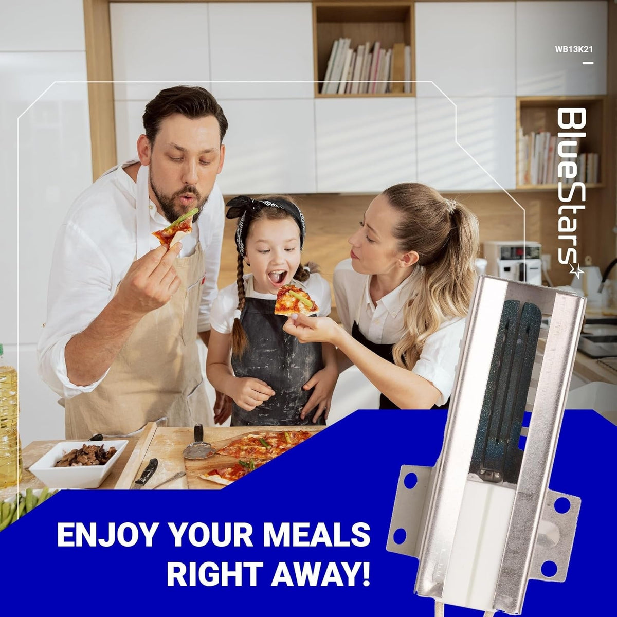 WB13K21 gas range oven igniter replacement part shown in a lifestyle graphic with a family eating pizza.