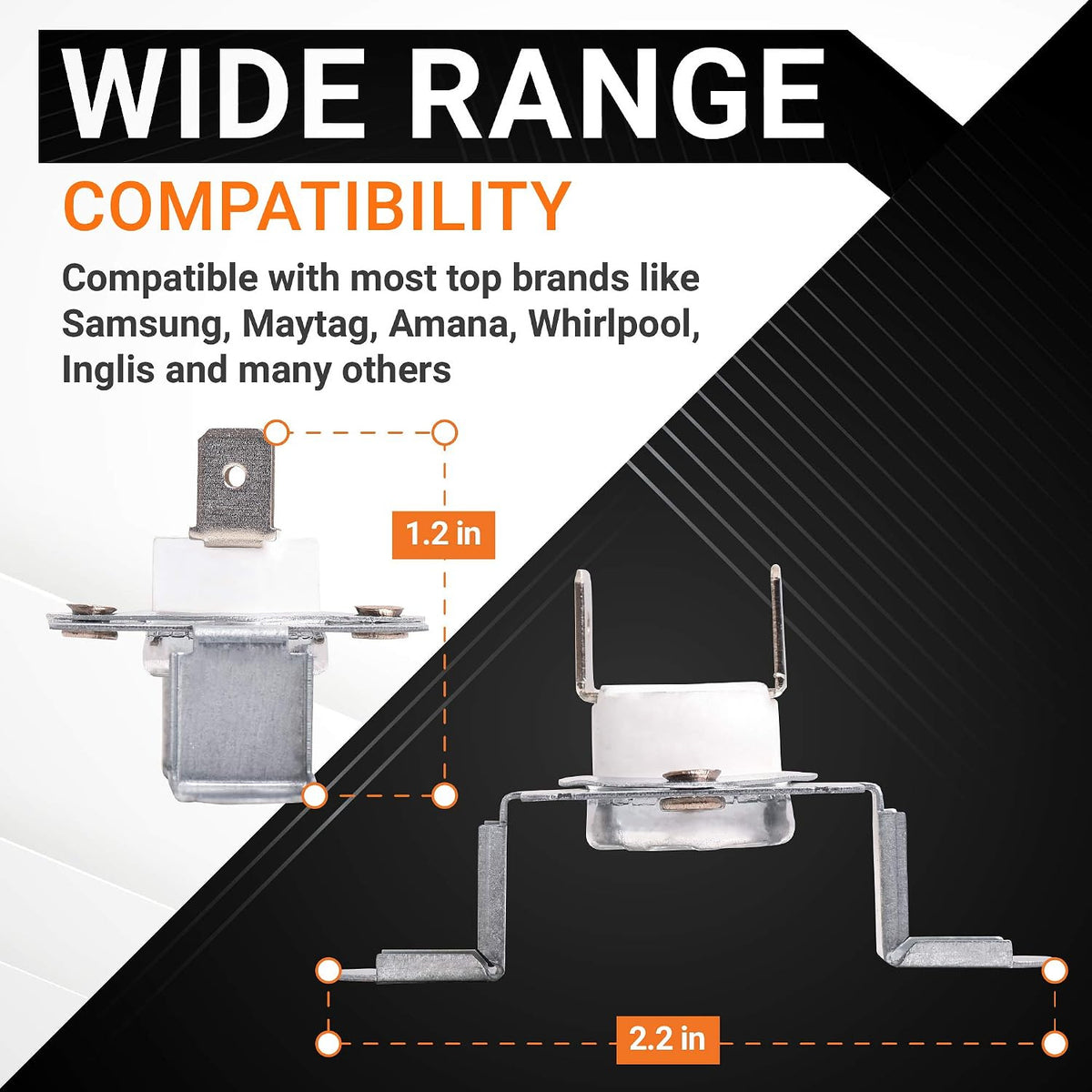 DC96-00887A Dryer Assembly Bracket Thermostat Replacement, two product views with 1.2 in and 2.2 in dimensions