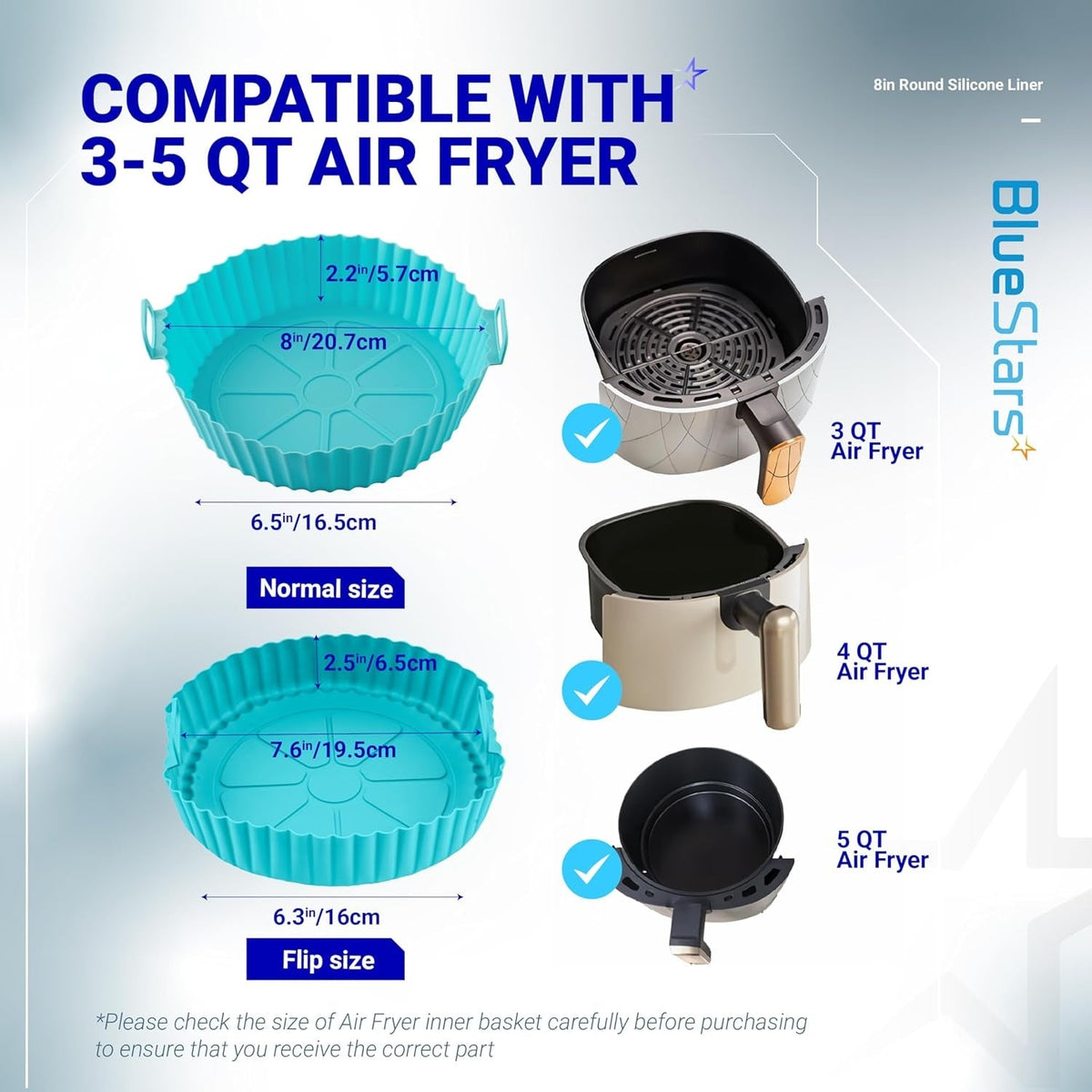 Infographic showing dimensions of 8-inch reusable silicone air fryer liners compatible with 3 to 5 QT air fryers.