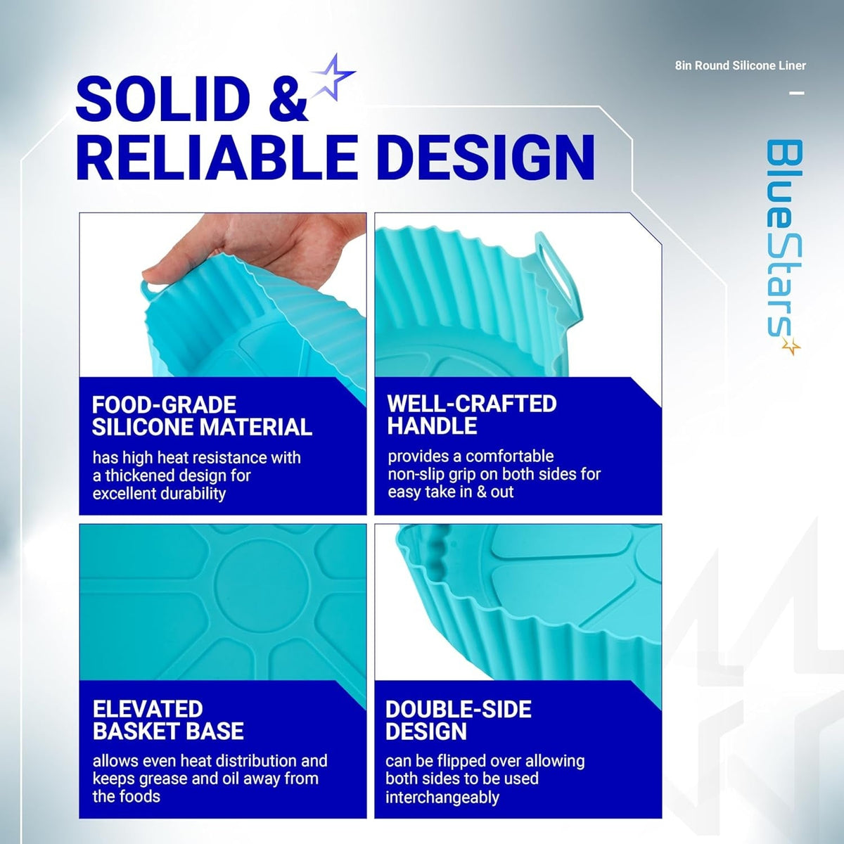 Infographic showing features of 8-inch reusable silicone air fryer liners, including handles, base design, and durability.