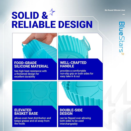 Infographic showing features of 8-inch reusable silicone air fryer liners, including handles, base design, and durability.