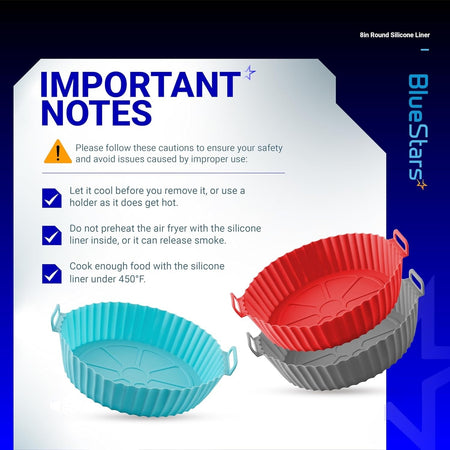Infographic showing safety usage instructions for 8-inch reusable silicone air fryer liners.