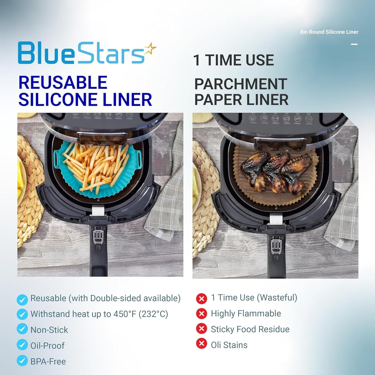 Comparison chart showing 8-inch reusable silicone air fryer liner versus disposable parchment paper liner.