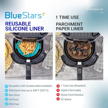 Comparison chart showing 8-inch reusable silicone air fryer liner versus disposable parchment paper liner.