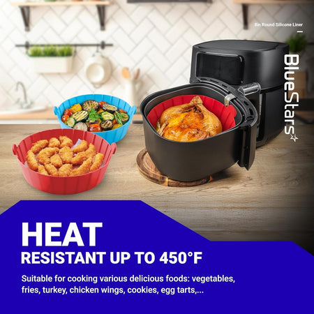8-inch reusable silicone air fryer liners holding cooked chicken, vegetables, and snacks in a kitchen setting.