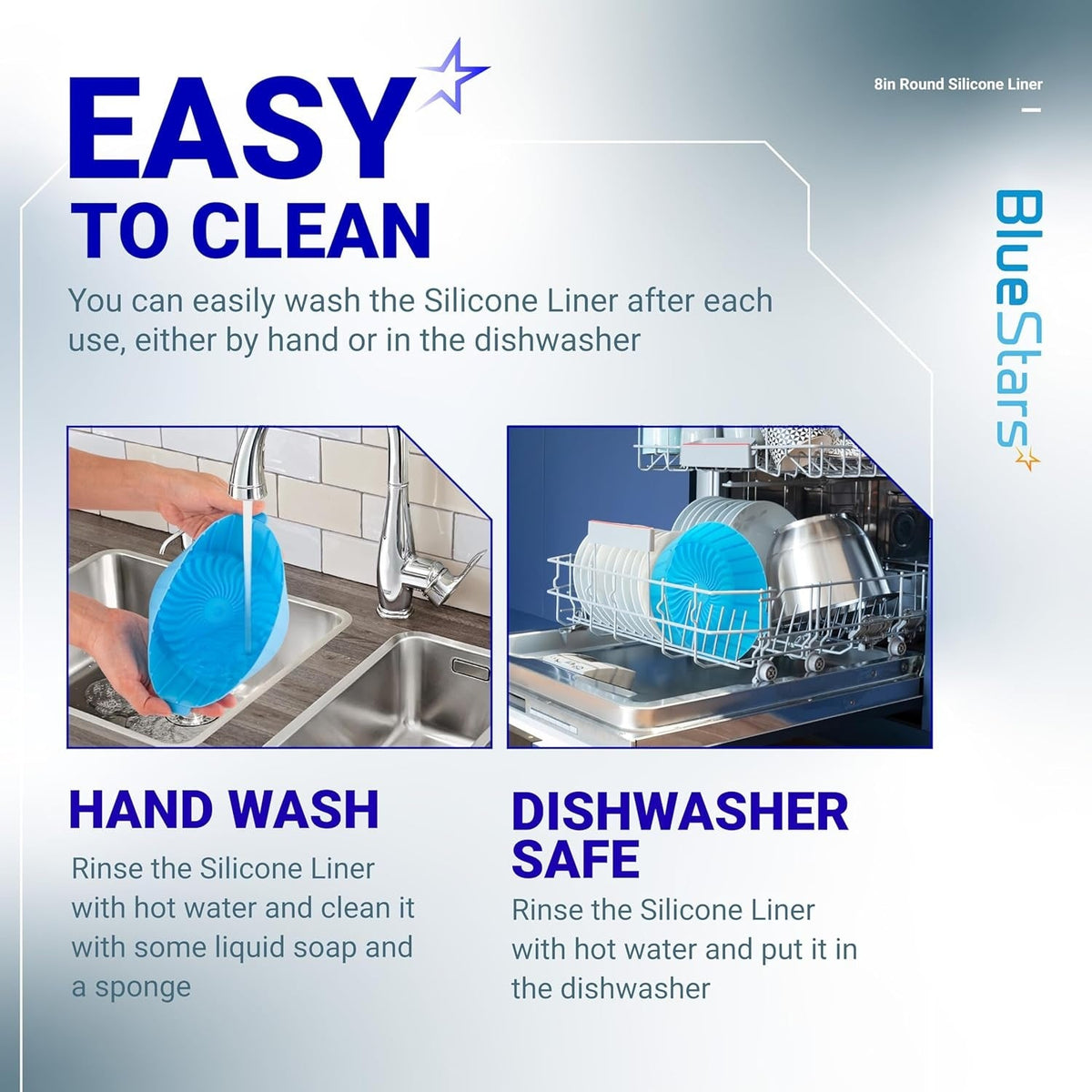Infographic showing 8-inch reusable silicone air fryer liner being hand washed and placed in a dishwasher.