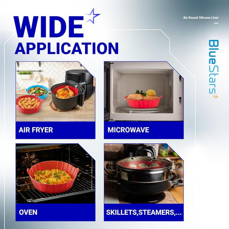 Infographic showing 8-inch reusable silicone air fryer liners used in air fryers, microwaves, ovens, and steamers.