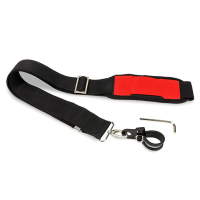 Adjustable black shoulder strap with red padded section, mounting clip, and hex key for string trimmer compatibility.