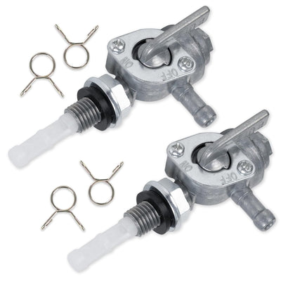 Two M10 x 1.25 fuel tank shut off valve petcocks with four metal hose clamps for Honda and Yamaha generators.