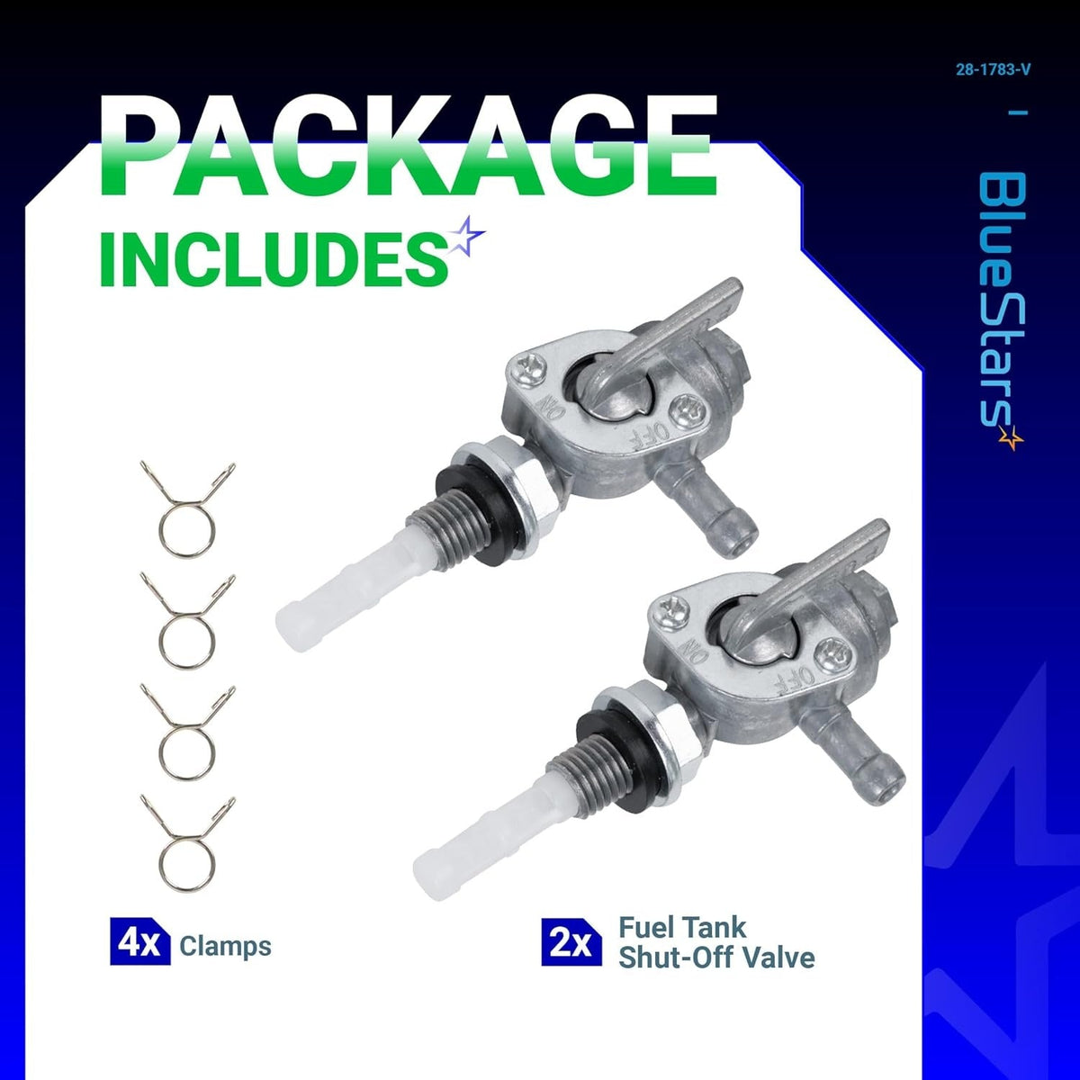 Package contents showing two M10 x 1.25 fuel tank shut-off valve petcocks and four metal hose clamps.