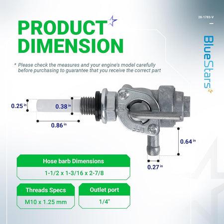 Dimension diagram for M10 x 1.25 fuel tank shut off valve petcock for Honda and Yamaha generators.