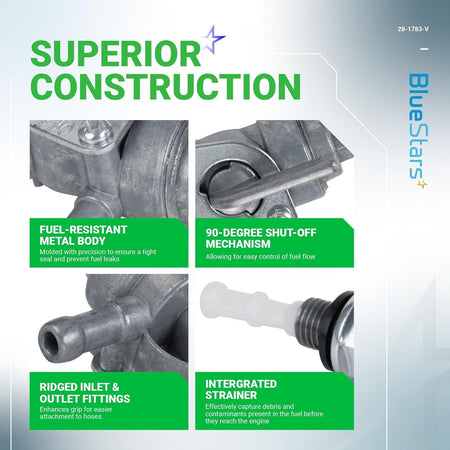 Infographic showing construction features of 28-1783-V fuel tank shut off valve petcock for portable generators.