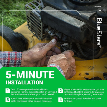 Hands installing a 28-1783-V fuel tank shut off valve on a generator with 5-minute installation instructions.