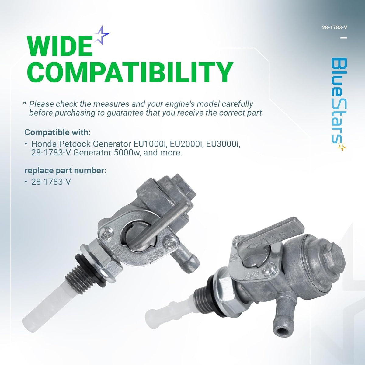 Two 28-1783-V fuel tank shut off valve petcocks for Honda and Yamaha generators with compatibility information.