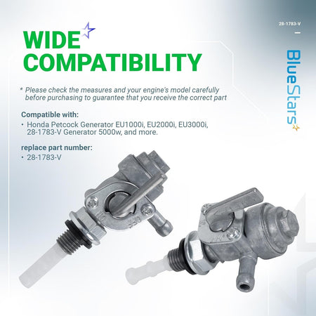 Two 28-1783-V fuel tank shut off valve petcocks for Honda and Yamaha generators with compatibility information.