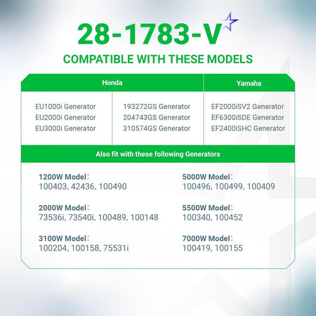Compatibility chart for 28-1783-V fuel tank shut off valve listing Honda and Yamaha generator model numbers.