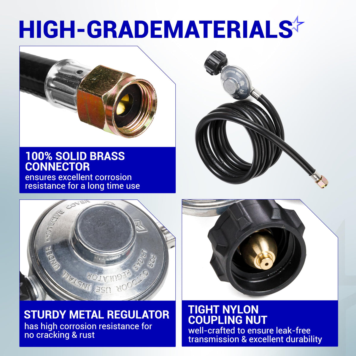 Collage showing 8ft propane regulator and hose components including brass connector, metal regulator, and coupling nut.