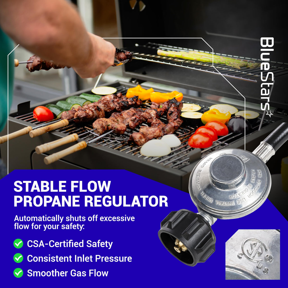 Close-up of a propane regulator and hose with CSA certification label, shown against a background of a grill in use.