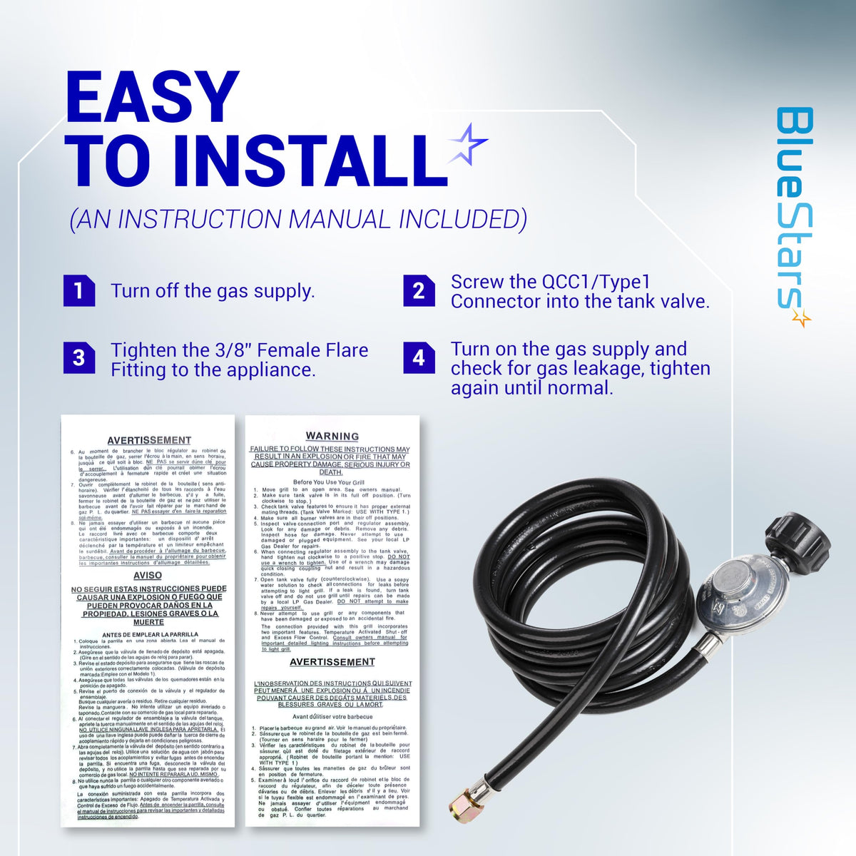 Installation guide for 8ft universal propane regulator and hose with step-by-step instructions.
