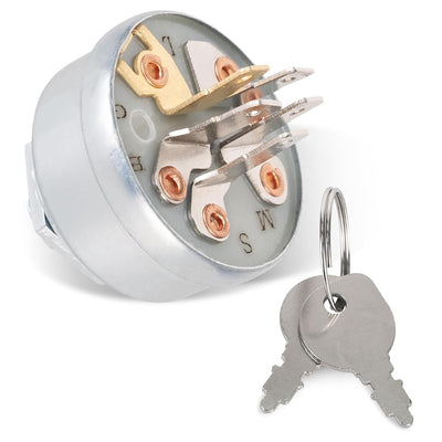 Rear view of 3-position, 5-terminal ignition switch for riding lawn mowers with two included keys.