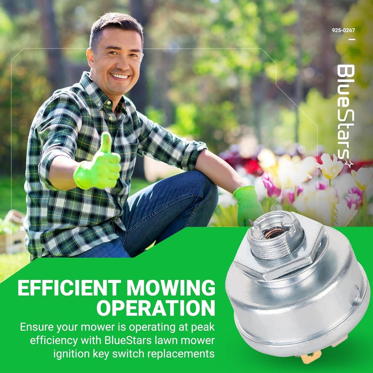 BlueStars 925-0267 3-position ignition switch for riding lawn mowers shown in a lifestyle marketing graphic.