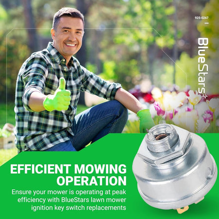 BlueStars 925-0267 3-position ignition switch for riding lawn mowers shown in a lifestyle marketing graphic.