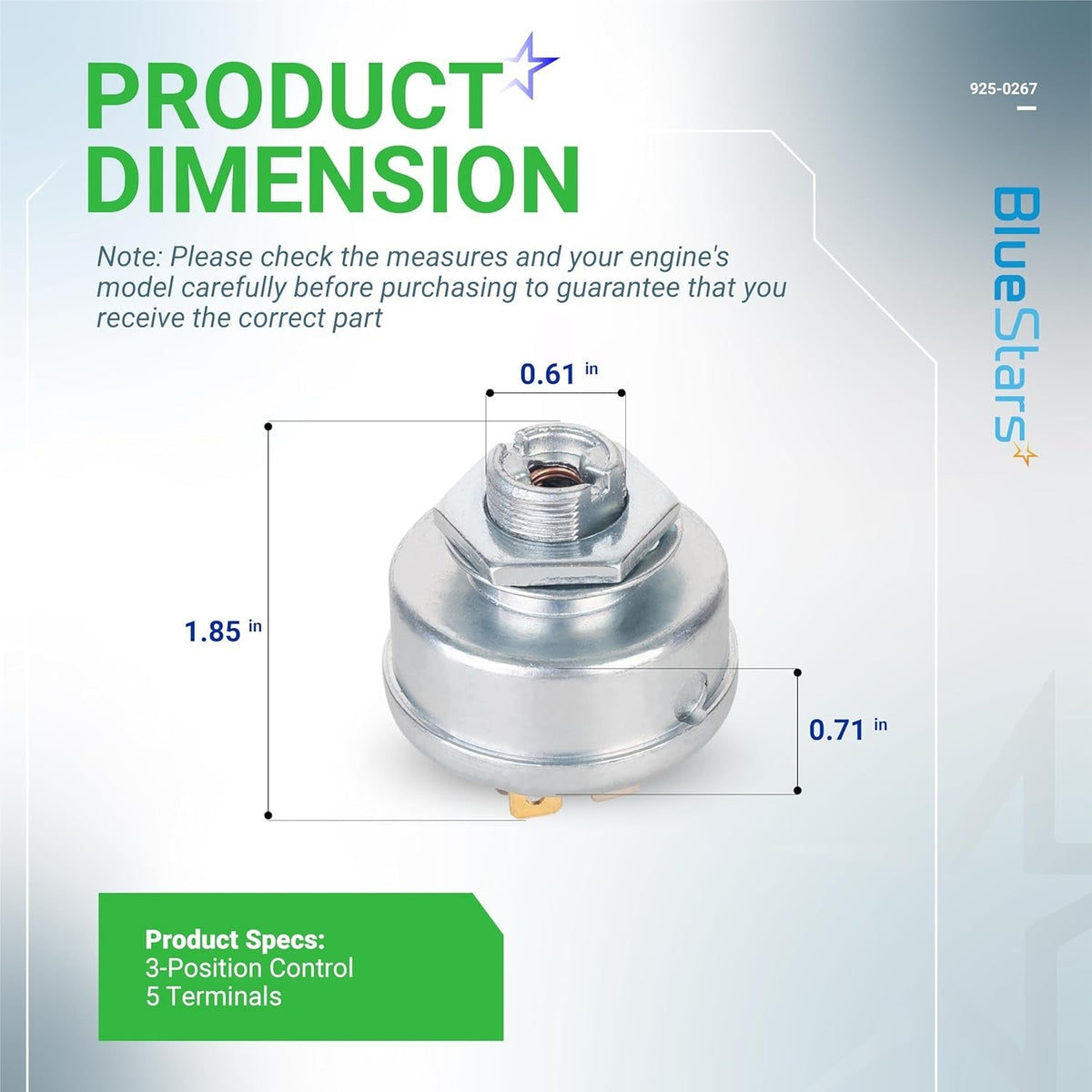 Dimensional diagram of 925-0267 ignition switch for riding lawn mowers showing height and width measurements.