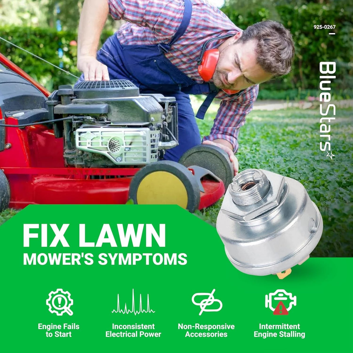 925-0267 3-position ignition switch for riding lawn mowers shown with a technician repairing a mower engine.