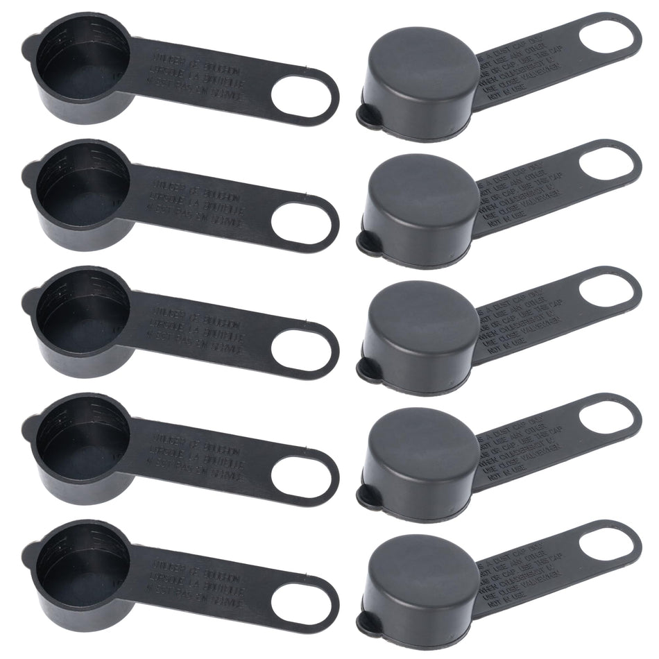 Set of 10 black QCC1 propane tank dust caps with retaining straps for LPG filler valves.