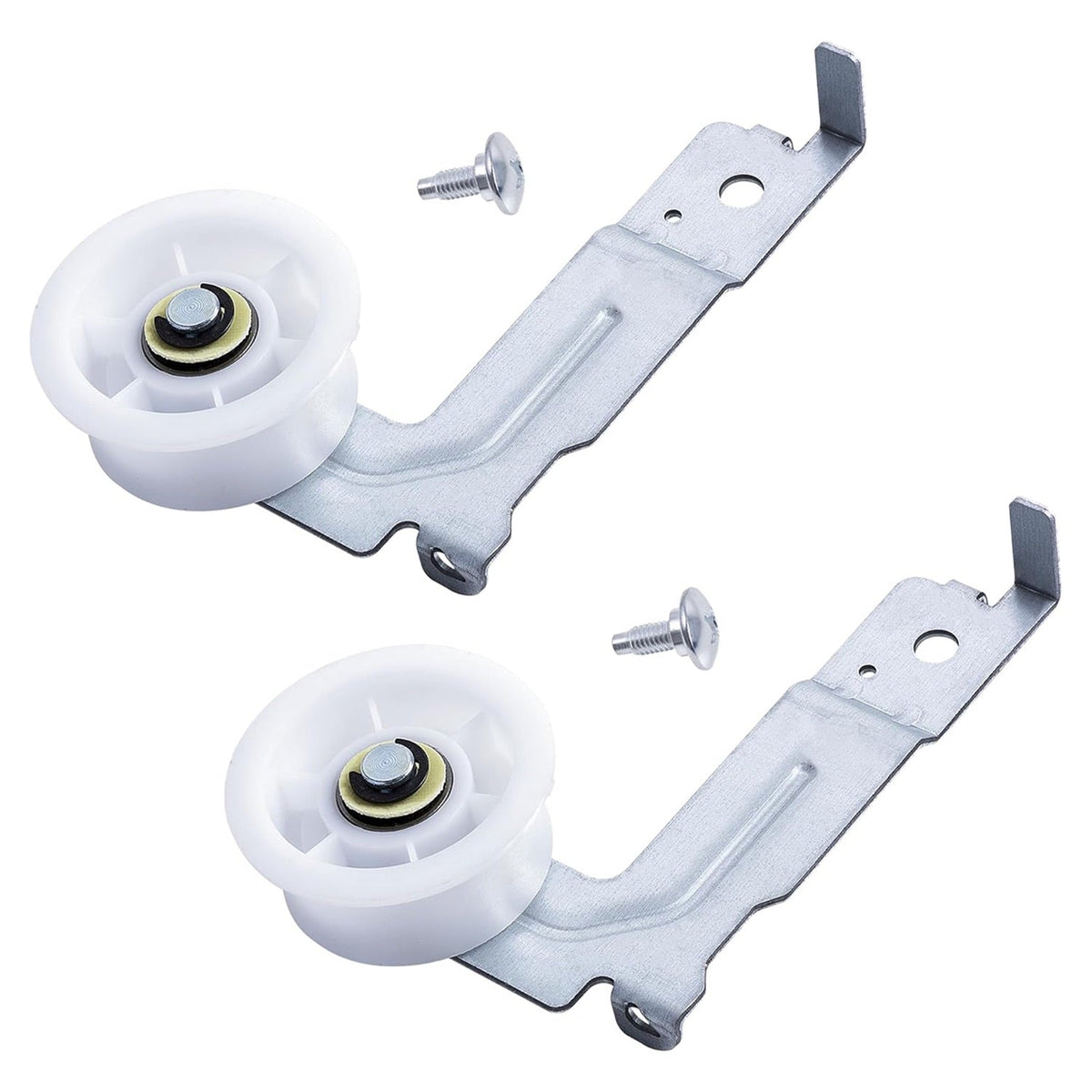 Two Samsung dryer idler pulley assemblies with white wheels, metal brackets, and mounting screws.