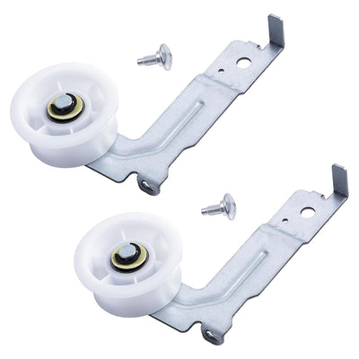 Two Samsung dryer idler pulley assemblies with white wheels, metal brackets, and mounting screws.