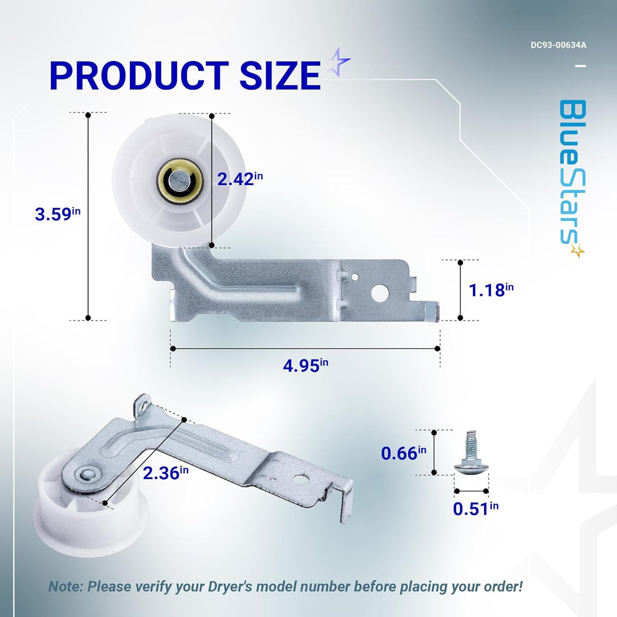 Dimensional diagram of DC93-00634A Samsung dryer idler pulley assembly with measurements.