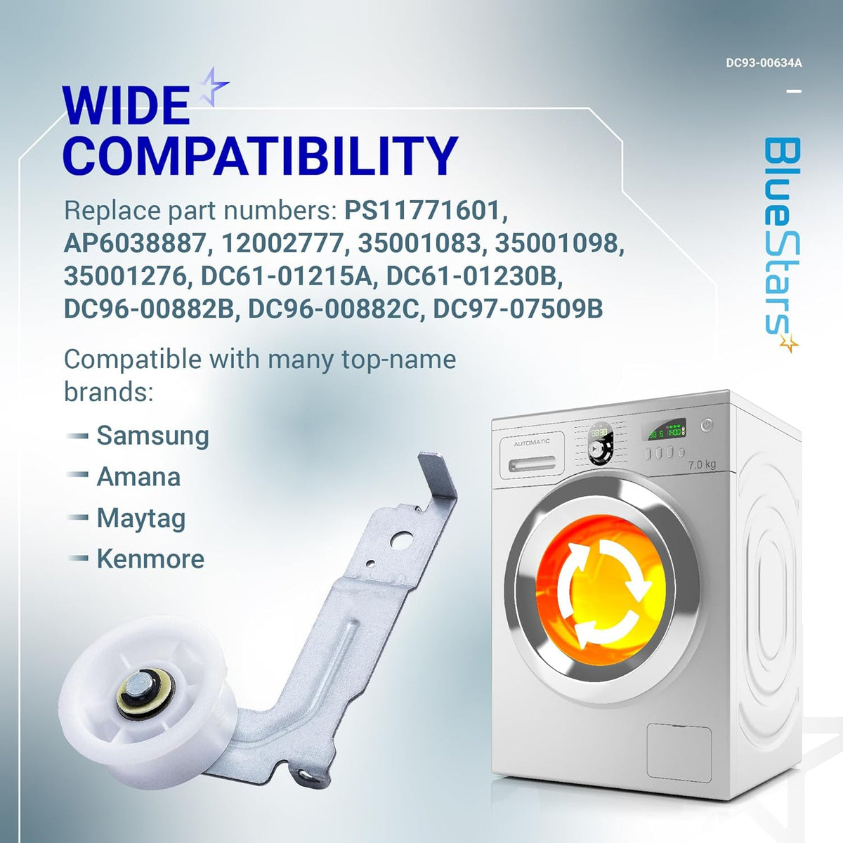 DC93-00634A dryer idler pulley with mounting bracket and compatibility chart for Samsung, Amana, Maytag, and Kenmore.