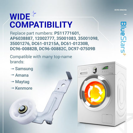 DC93-00634A dryer idler pulley with mounting bracket and compatibility chart for Samsung, Amana, Maytag, and Kenmore.