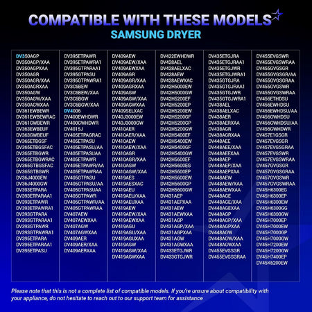 Compatibility chart listing Samsung dryer models for DC93-00634A dryer idler pulley replacement.