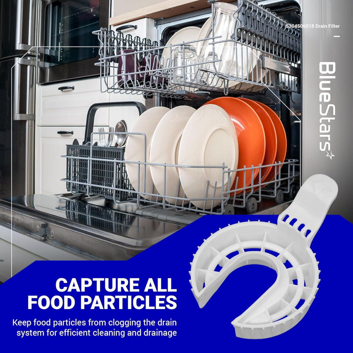 White 5304506518 dishwasher drain filter replacement for Frigidaire appliances shown in a promotional graphic.